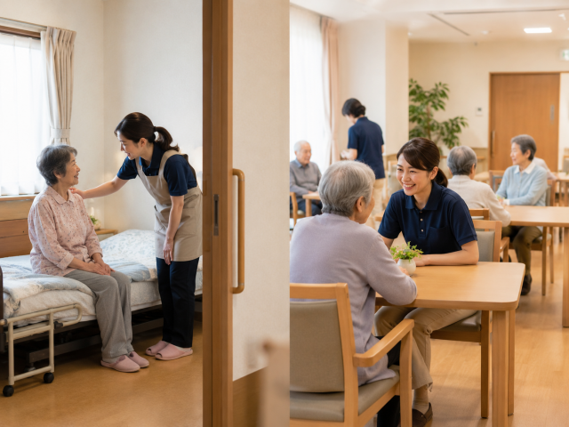 居室で職員の支援を受ける高齢者と共用スペースで職員と話す高齢者