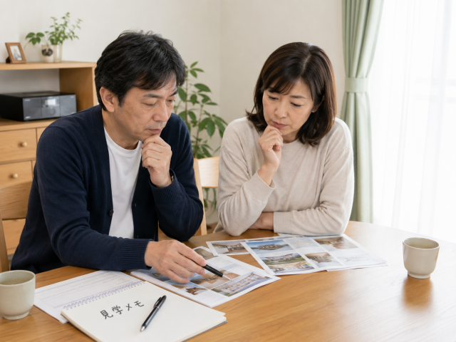 夫婦が有料老人ホームの資料と見学メモを見ながら施設を比較している様子