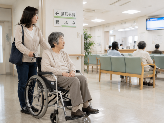 病院で車いすの高齢者に家族が付き添い、整形外科と眼科の案内を確認している様子