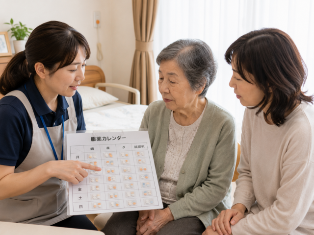お薬カレンダーで服薬管理の詳細に関して施設職員から説明を受ける場面。