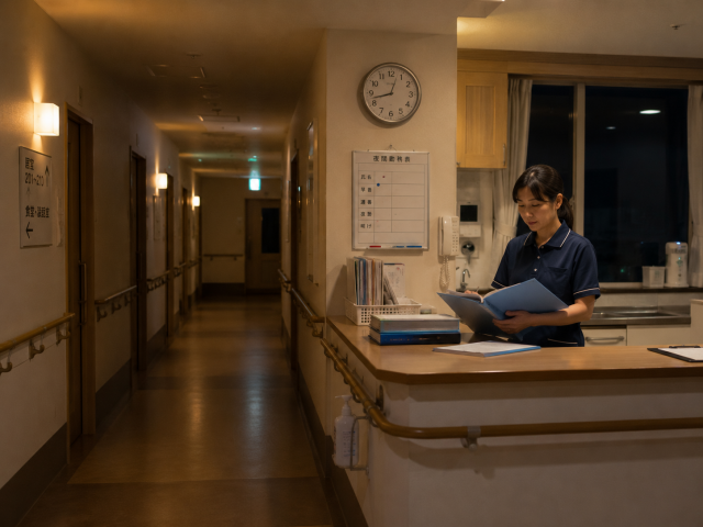 夜間の有料老人ホームで入居者を見守る介護職員