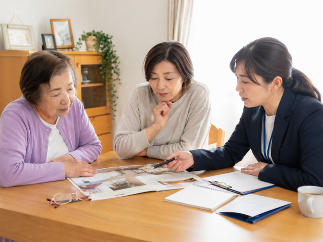 高齢の母親と娘が相談員から有料老人ホームの説明を受けている様子