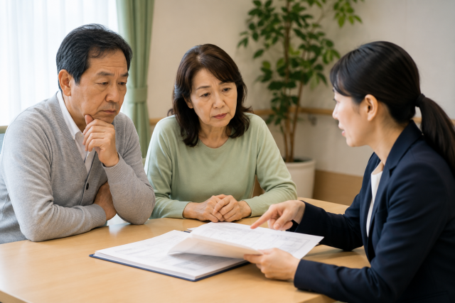 認知症や精神症状が強くなった場合の支援方針を施設職員と家族が話し合う場面