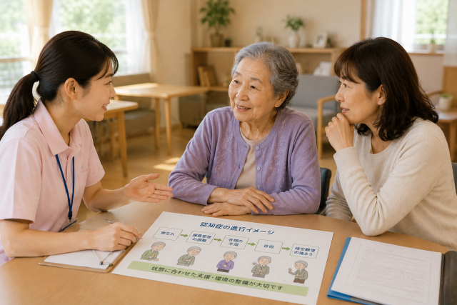 介護施設で職員が認知症の高齢者と家族に、今後の状態変化や支援について説明している様子