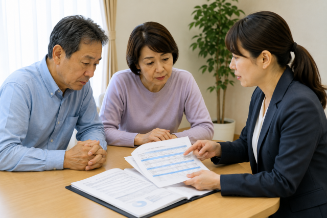 有料老人ホームの追加費用と身元引受人の役割について、施設職員から説明を受ける家族